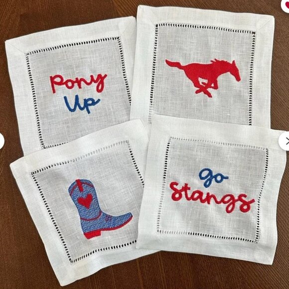 SMU Mustang Pony Up Embroidered Linen Cocktail Napkins - Picture 1 of 7